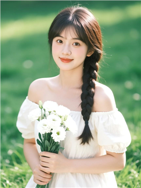 手捧白色雏菊的低麻花辫美女图片